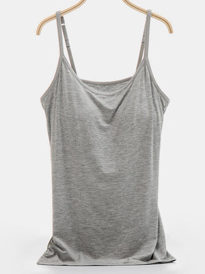 Gray soft-cup cami with adjustable straps and a scoop neckline.