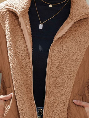 Camel quilted zip jacket with sherpa collar and panels.