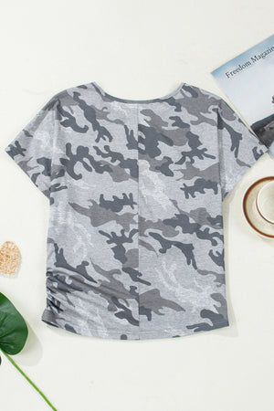 Men's grey camouflage crew neck t-shirt with ruched side detail.