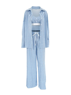 Blue striped three-piece lounge set with button-up shirt, cami, and wide-leg pants.