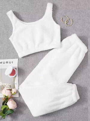 Cozy Plush Cropped Tank And Pants Lounge Set in Pink, side view