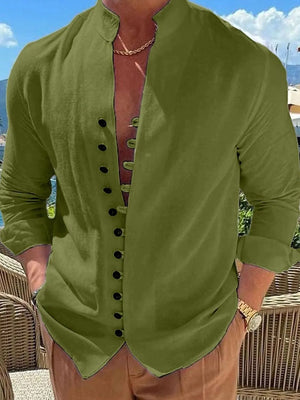 Moss linen shirt with mandarin collar and button placket, long sleeves.