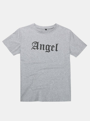 Gray Angel script t-shirt with short sleeves and crew neck.