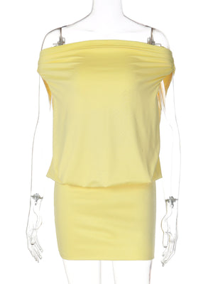 Off-shoulder ruched mini dress in yellow with a strapless neckline and gathered detail.
