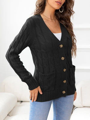 Black cable-knit cardigan with V-neck, buttons, and pockets.