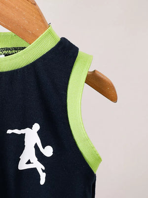 Navy basketball tank with white graphic and lime green trim.
