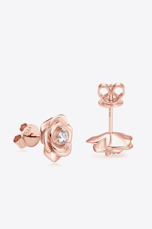 Rose gold rose stud earrings with diamond center detail