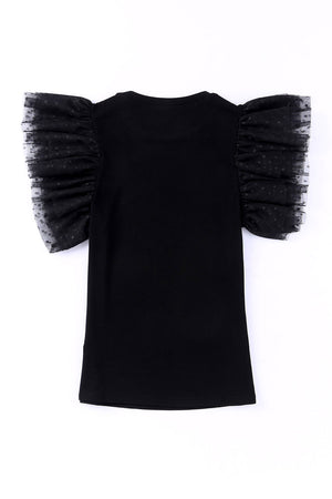 Black ribbed knit blouse with sheer dot mesh flutter sleeves.