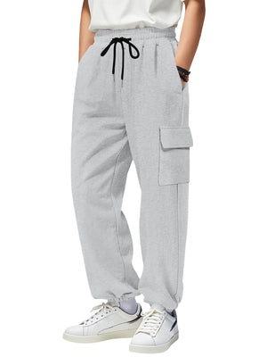 Light gray waffle knit joggers with drawstring and cargo pocket detail.