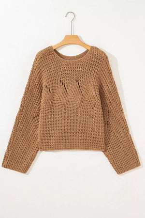 Brown textured knit pullover sweater with wide sleeves and open knit detail.