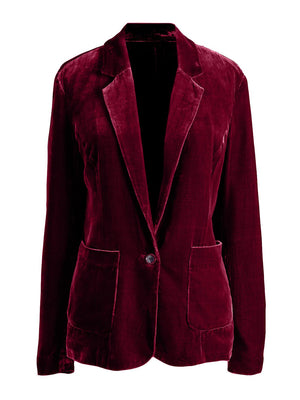 Burgundy velvet blazer with button closure and flap pockets