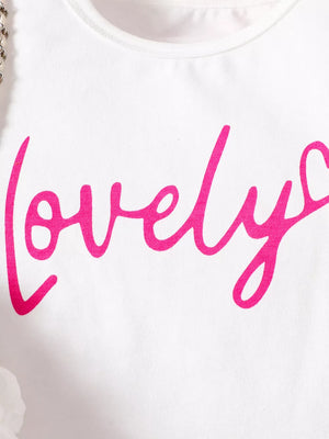 Children S Letter Long Sleeve Top And Denim in White, close-up detail