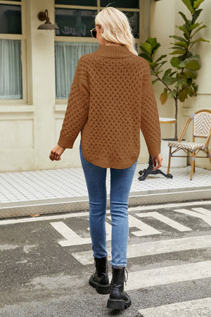 Caramel textured diamond knit mock neck pullover sweater with long sleeves.