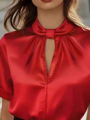 Scarlet satin blouse with keyhole neckline and bow detail