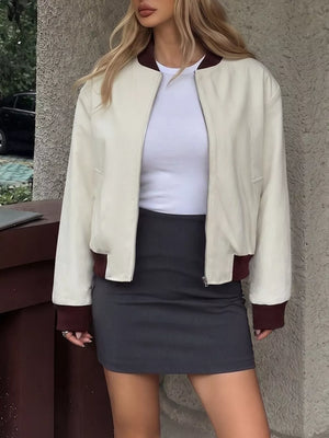 Contrast Trim Zip Up Jacket in White, model styling view