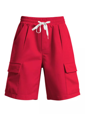 Bright red men's cargo shorts with drawstring waist and side cargo pockets.