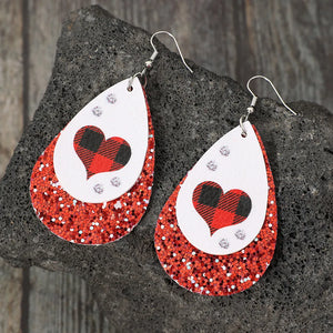 Red plaid heart teardrop earrings with glitter accents