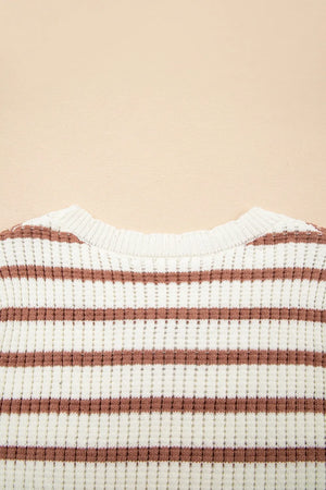 Caramel striped knit sweater with crewneck and textured detail