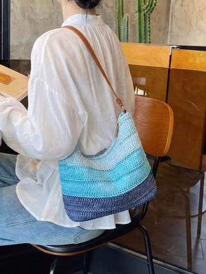 Straw Woven Shoulder Bag in Blue, model styling view