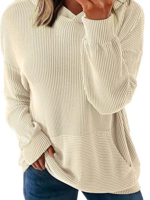 Apricot ribbed V-neck oversized hoodie sweatshirt with balloon sleeves and a kangaroo pocket.