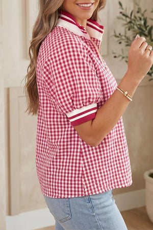 Vibrant red gingham cotton blend shirt with puff sleeves and striped cuffs.