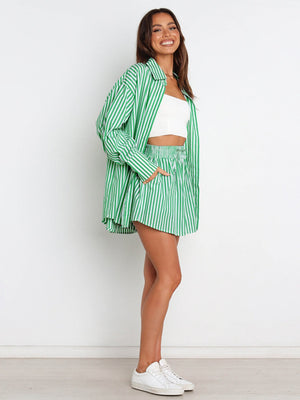 Oversized green and white stripe shirting set with button-down shirt and drawstring shorts.