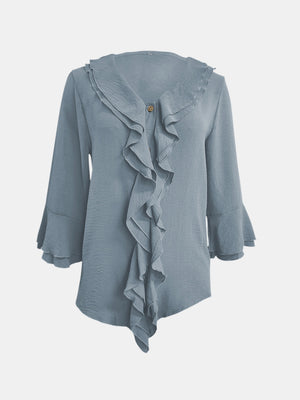 Light Blue linen blouse with ruffled V-neck, button detail, and flared sleeves.