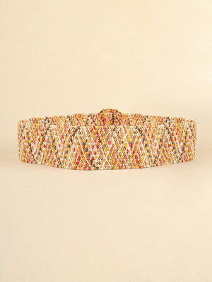 Woven raffia belt with multicolor flecks and a sculpted buckle.
