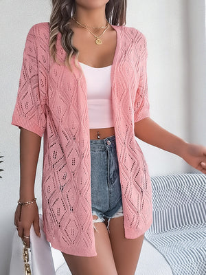 Open-knit diamond pattern blush pink short sleeve cardigan