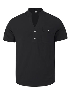 Black cotton short sleeve henley shirt with band collar and chest pocket.