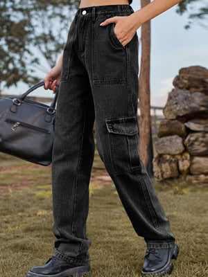 Utility denim cargo pants in dark gray with straight leg and multiple pockets.