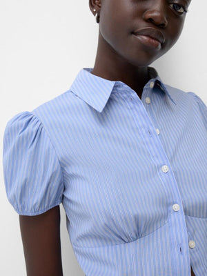 Light blue striped maternity shirt with puff sleeves and gathered waist
