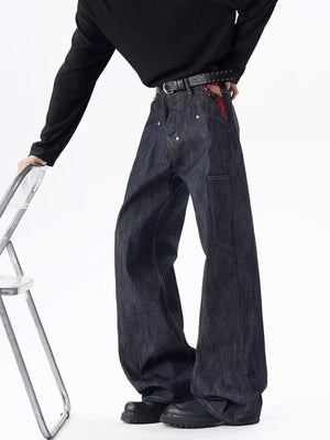 Men's dark wash 100% cotton wide-leg jeans with a baggy fit.