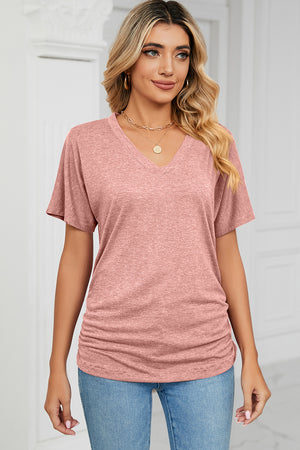 Dusty Pink V-neck tee with short dolman sleeves and side ruching detail.