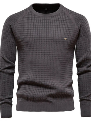 Dark Gray textured grid crewneck sweater with raglan sleeves and a small oval logo detail.