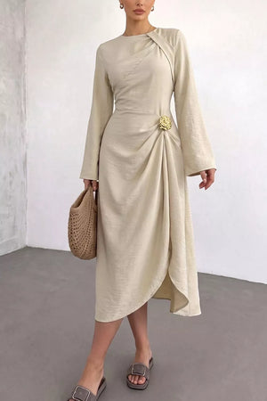 Ruched Long Sleeve Midi Dress in Beige, close-up detail