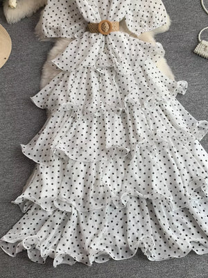 White polka dot tiered ruffle dress with belt