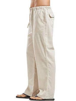 Relaxed fit linen drawstring trousers in Khaki with pockets and a straight leg.