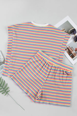 Rainbow striped ribbed loungewear set with crew neck top and elastic waist shorts