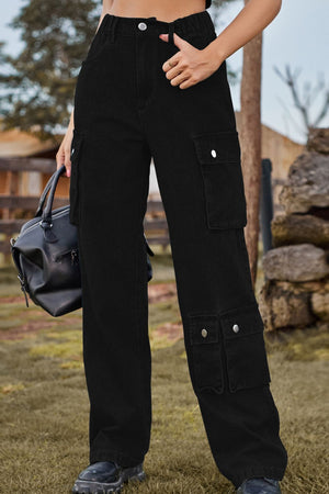 Black denim cargo pants with relaxed wide leg and utility pockets.