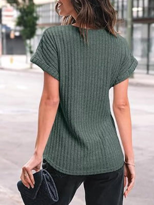 Ribbed knit t-shirt in Army Green with short cuffed sleeves and a curved hem.