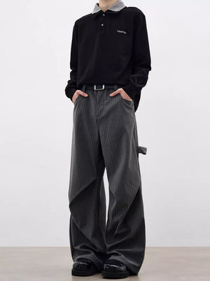 Men's grey pinstripe wide-leg sweatpants with pockets