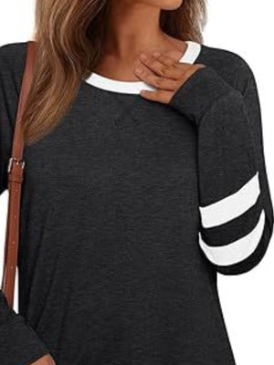 Heathered dark blue t-shirt with white stripes on sleeves and white neckline.