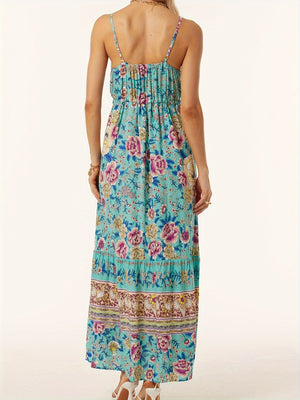Turquoise floral maxi dress with adjustable waist and tiered hem