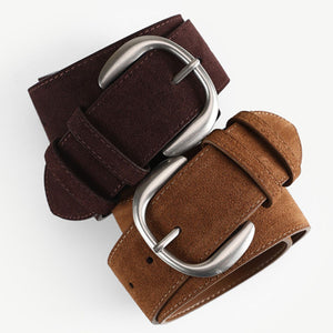 Luxurious cowhide leather waist belts in chocolate and brown with antiqued buckles.