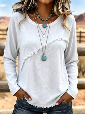 Full Size Fringe Detail Long Sleeve T-shirt Plus Size in Orange, editorial view