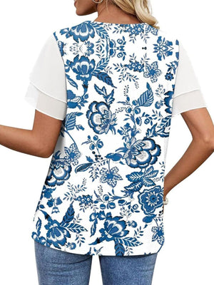 Blue floral t-shirt with layered short sleeves and a crew neck.