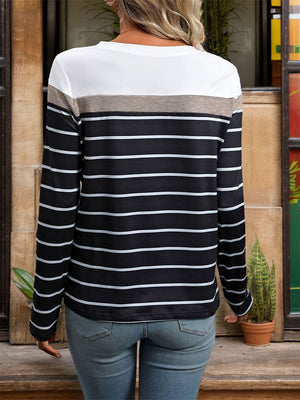 Contrast stripe crewneck tee in black with white and taupe colorblock detail.