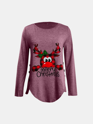 Dusty Pink asymmetrical long sleeve tee with reindeer graphic and button detail