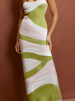 Geometric knit maxi slip dress in white, green, and pink wavy stripes.